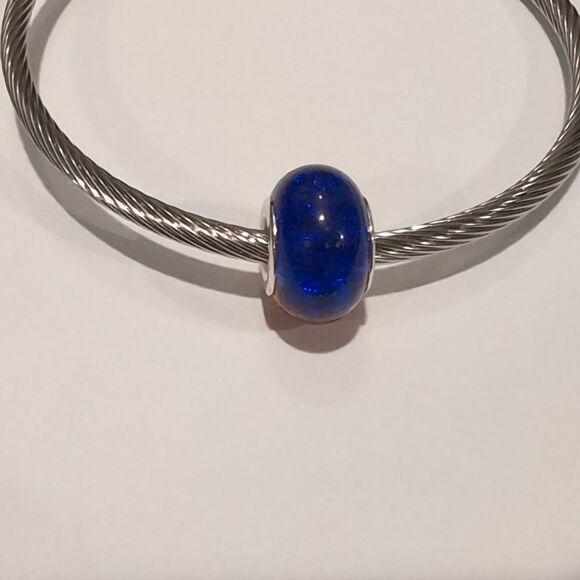 Silver Two Tone "Crushed Glass" Blue and Orange Charm for Pandora Style Bracelet - Picture 2 of 6